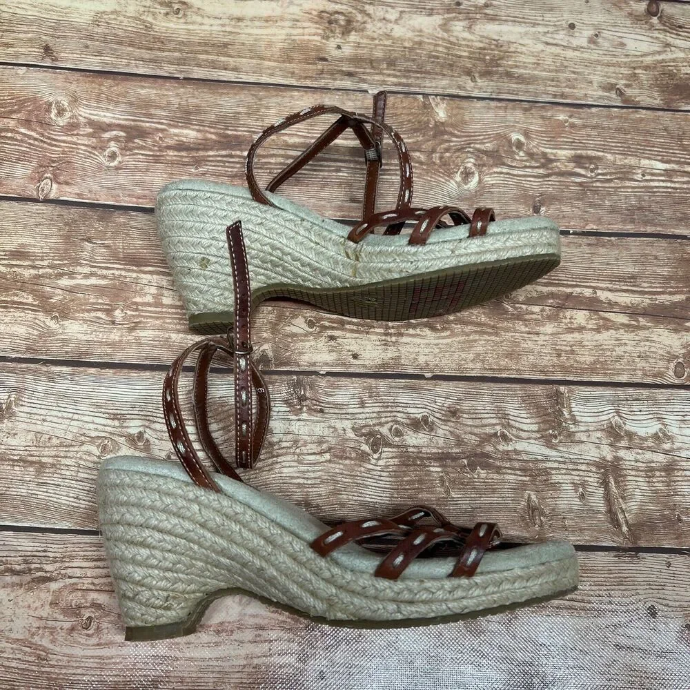 BC‎ Footwear Brown Beige Ankle Strap Espadrille Leather Wedge Sandals Size 6